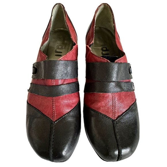 Fidji Womens Slip On Mid Heel Loafer Mock Strap Red Black Italian Leather Sz 6.5 - Picture 1 of 9